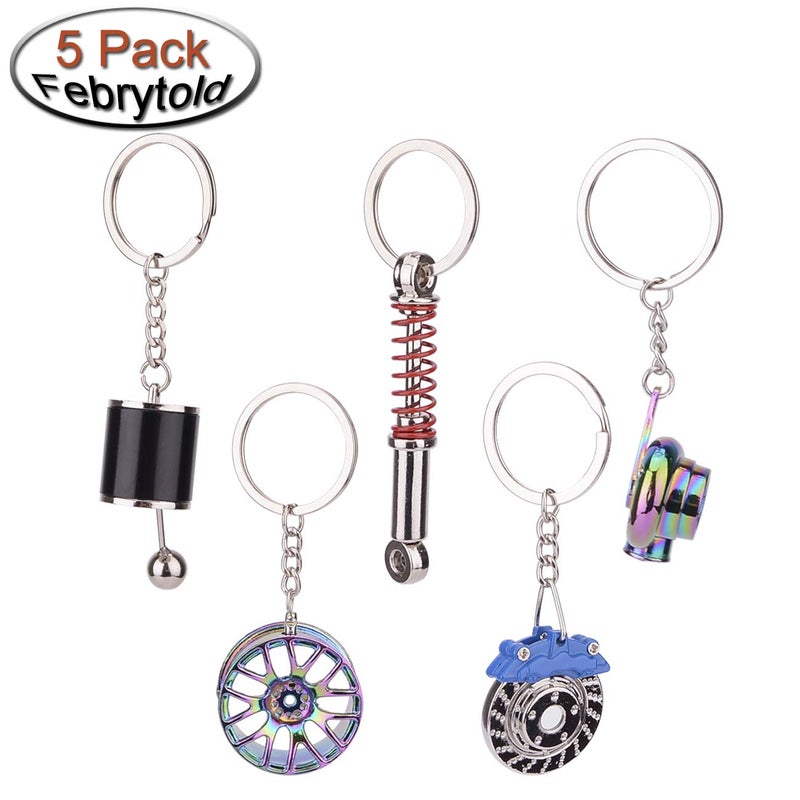 FEBRYTOLD 5 Pcs Car Parts Model Key Chains, Colorful Turbo Keychain, Black Manual Gearbox Keychain, Colorful Tire Rim Key chain, Blue Brake Rotor Key chain, Red Spring Shock-absorber Keychains - Image 3